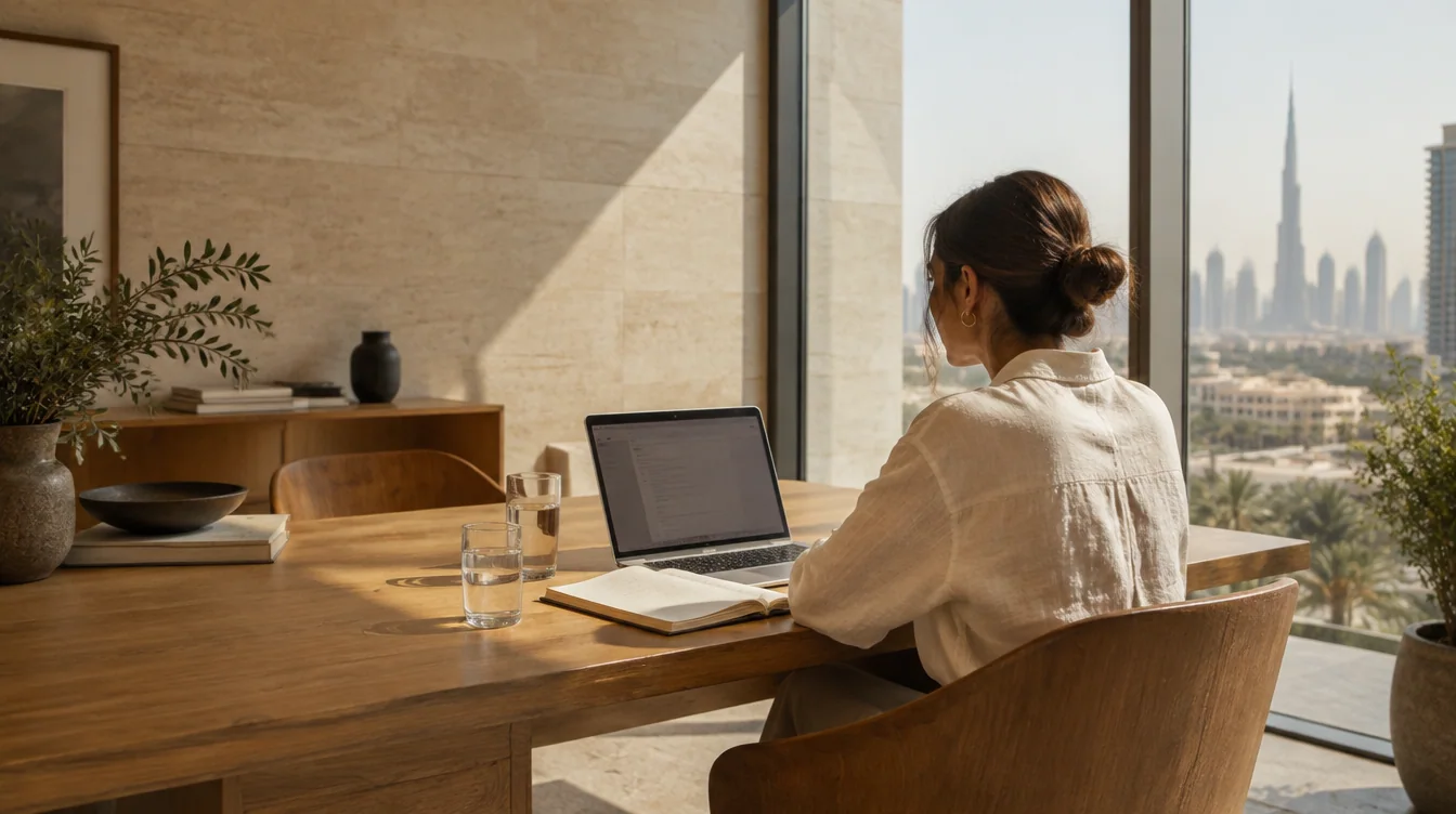 Espace de travail lumineux avec vue sur Dubaï